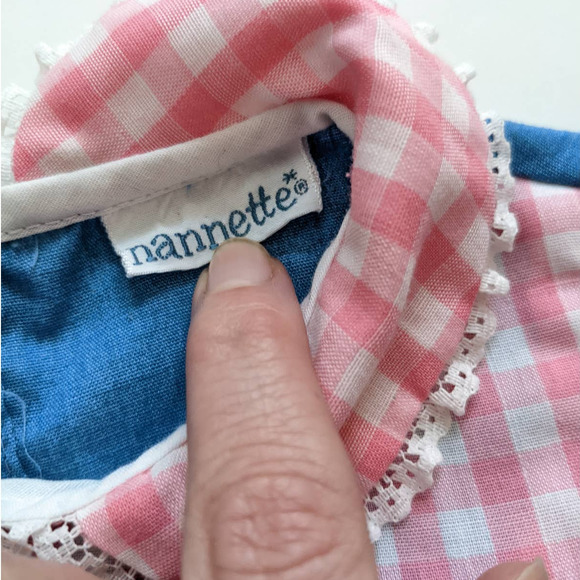 Vintage Girl's Jumper Dress Pink Gingham & Blue Cute Embroidered Mouse Detail - Picture 10 of 10